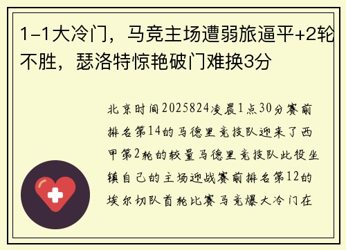 1-1大冷门，马竞主场遭弱旅逼平+2轮不胜，瑟洛特惊艳破门难换3分
